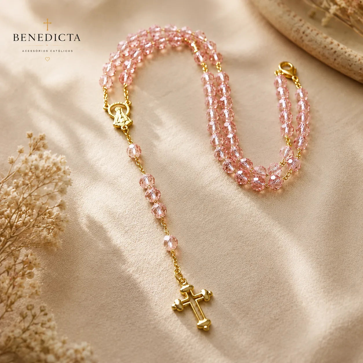 Terço de Cristal Nossa Senhora Aparecida — Leve Sua Fé com Você - Banhado Ouro 18k