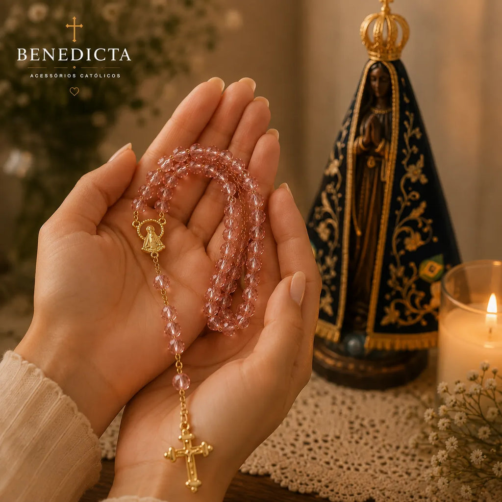 Terço de Cristal Nossa Senhora Aparecida — Leve Sua Fé com Você - Banhado Ouro 18k