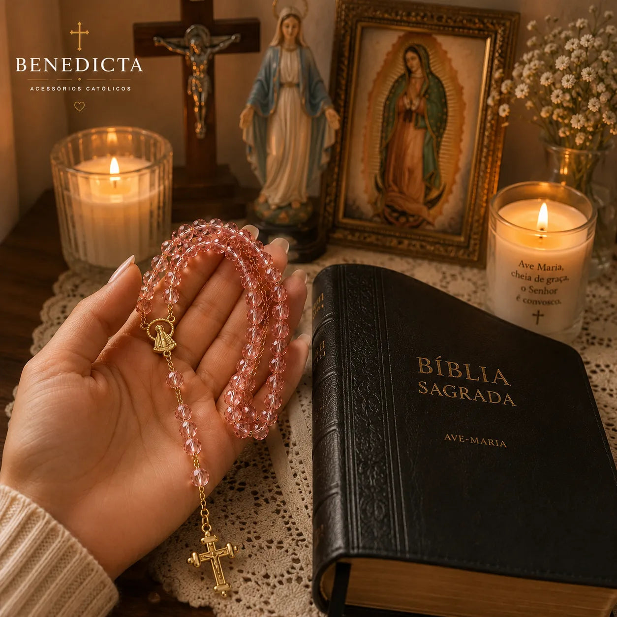 Terço de Cristal Nossa Senhora Aparecida — Leve Sua Fé com Você - Banhado Ouro 18k