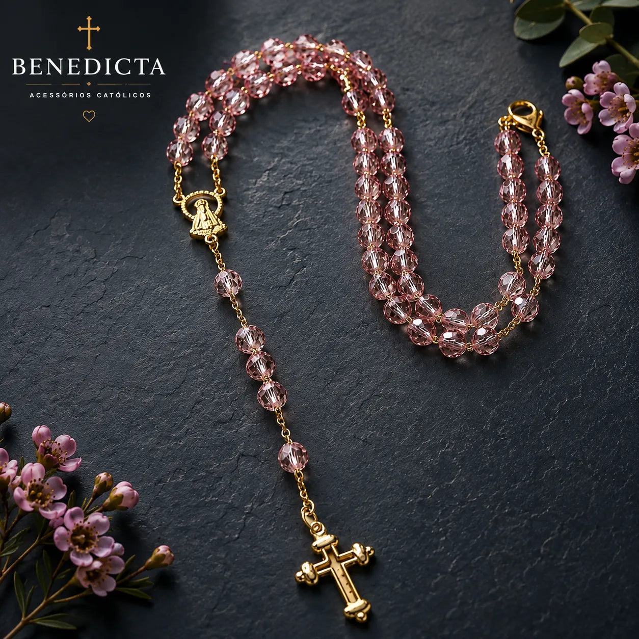 Terço de Cristal Nossa Senhora Aparecida — Leve Sua Fé com Você - Banhado Ouro 18k