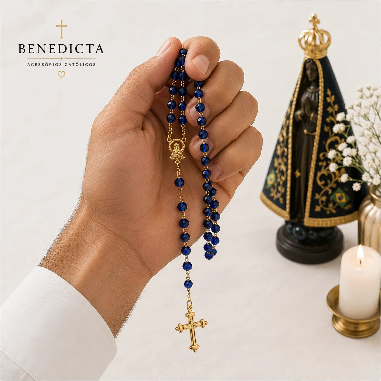 Terço de Cristal Nossa Senhora Aparecida — Leve Sua Fé com Você - Banhado Ouro 18k