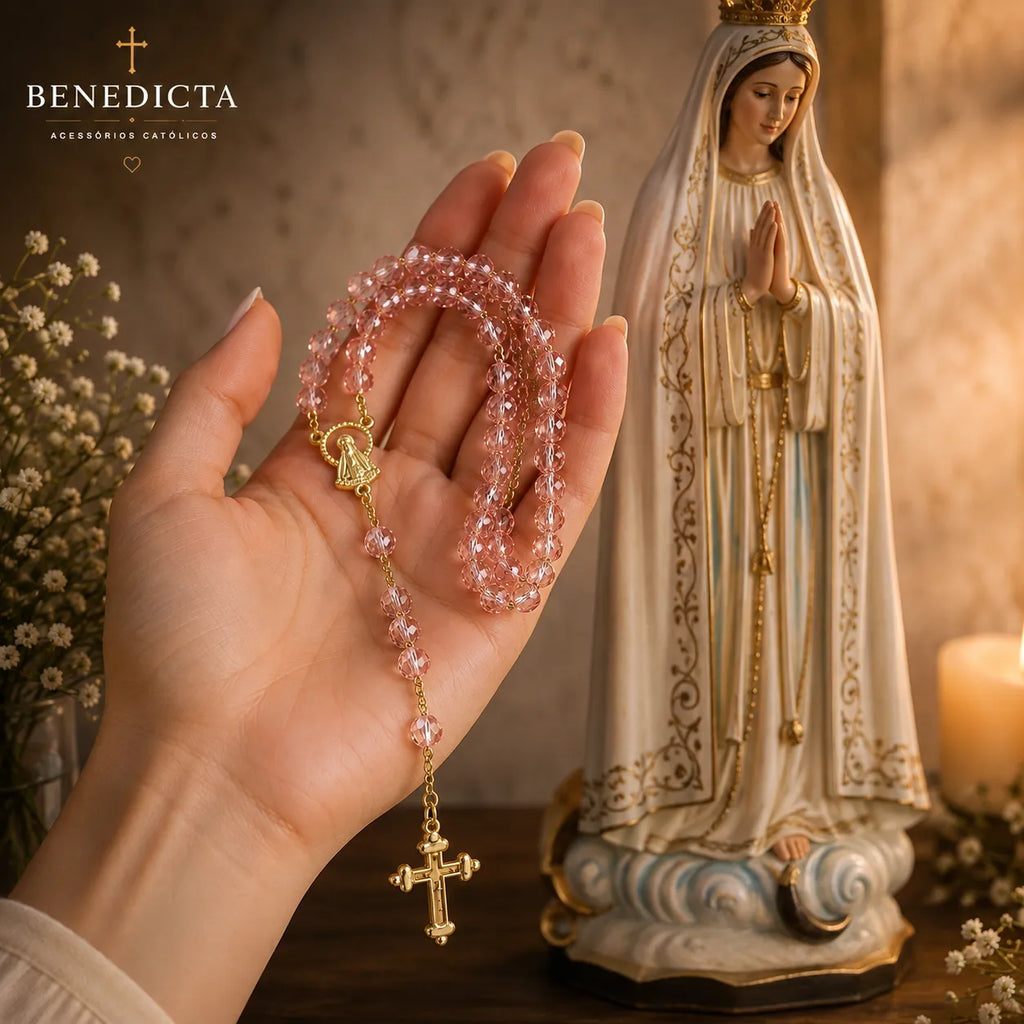 Terço de Cristal Nossa Senhora Aparecida — Leve Sua Fé com Você - Banhado Ouro 18k