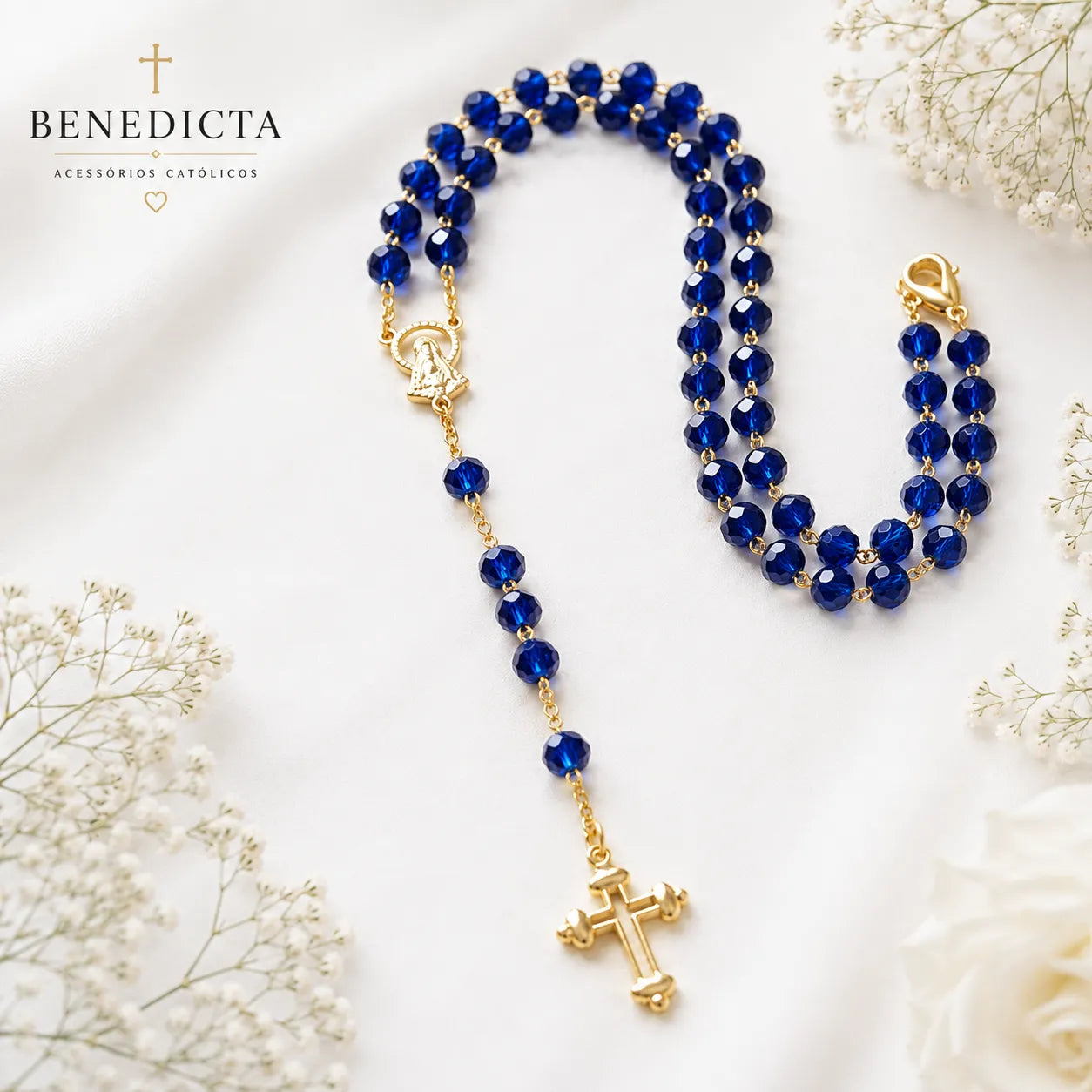 Terço de Cristal Nossa Senhora Aparecida — Leve Sua Fé com Você - Banhado Ouro 18k